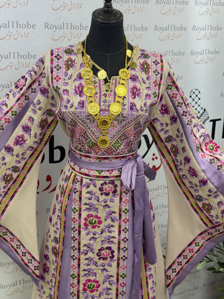 Beige / Lavender Floral Long Full Embroidered Thobe
