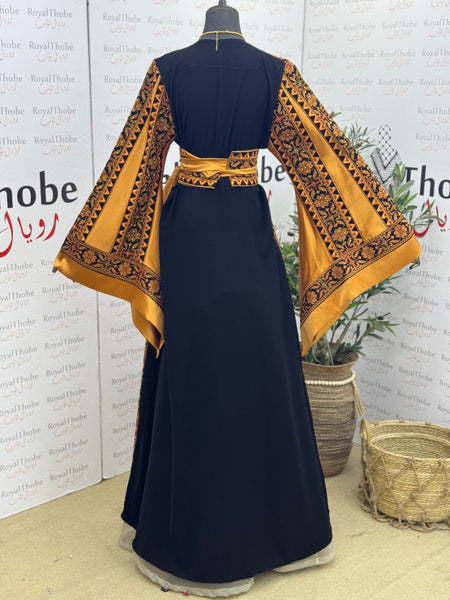 Black/ Mustard Bronze Simple Long Full Embroidered Thobe