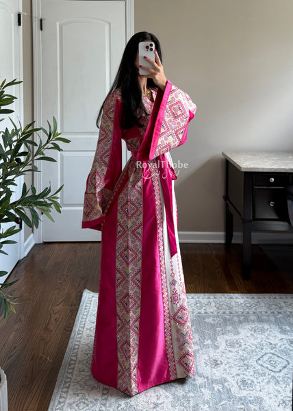 Beige/Pink Diamond Long Full Embroidered Thobe