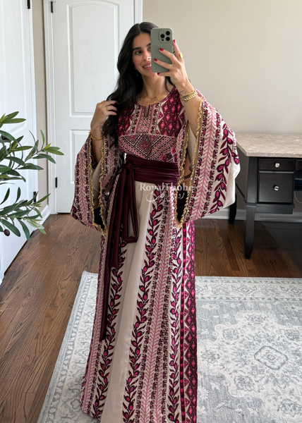 Beige/ Burgundy Zaytona Branches Full Embroidered Thobe