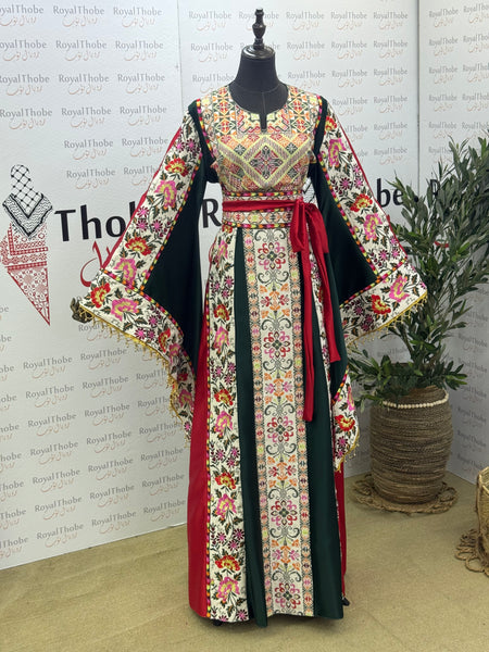 Olive Green & Cream Beige Satin Floral Full Embroidered Thobe with Gold Beaded Fringe Sleeves