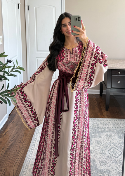 Beige/ Burgundy Zaytona Branches Full Embroidered Thobe