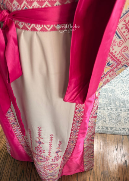 Beige/Pink Diamond Long Full Embroidered Thobe