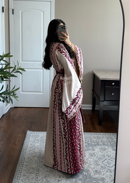 Beige/ Burgundy Zaytona Branches Full Embroidered Thobe