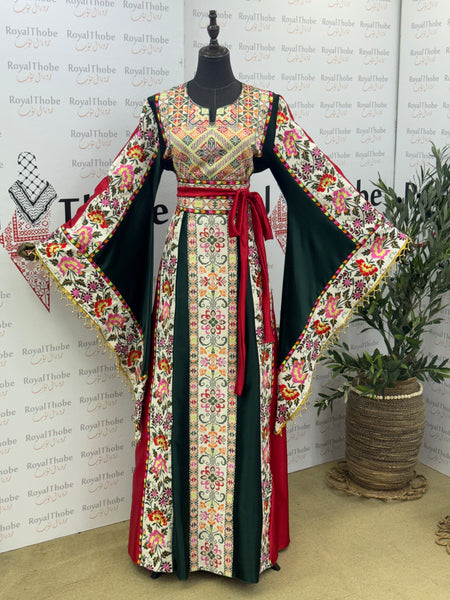 Olive Green & Cream Beige Satin Floral Full Embroidered Thobe with Gold Beaded Fringe Sleeves