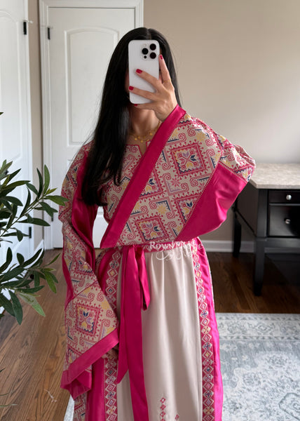 Beige/Pink Diamond Long Full Embroidered Thobe