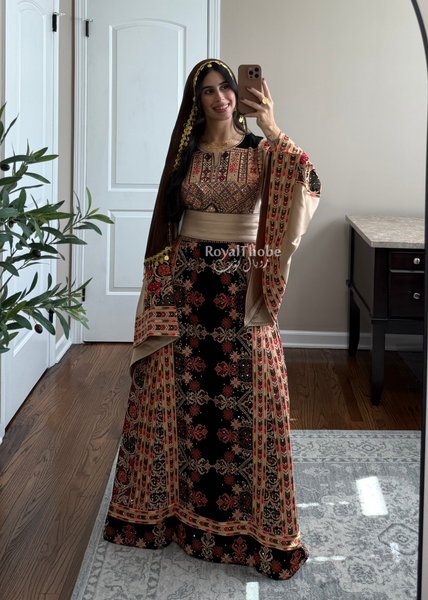 Black/ Brown Zohor And Manajel Full Embroidered Thobe