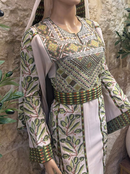 Beige/ Green & Brown Olive Branches Long Full Embroidered Thobe.