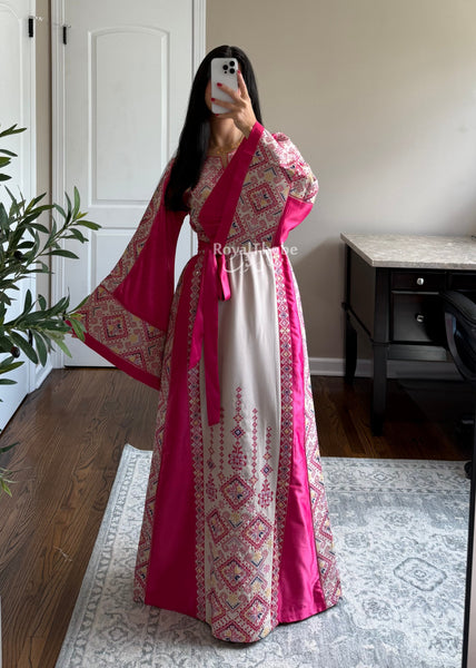 Beige/Pink Diamond Long Full Embroidered Thobe