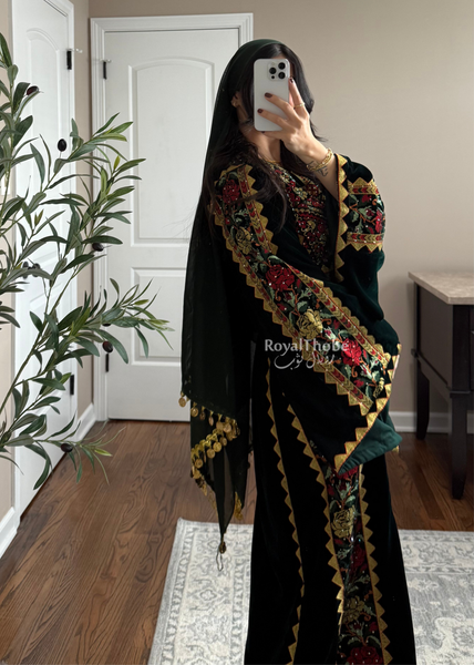 Velvet Olive Green Simple Floral Long Embroidered Thobe/Dress