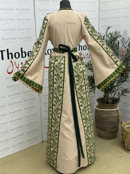 Beige & Olive Green Zaytona Long Full Embroidered Thobe