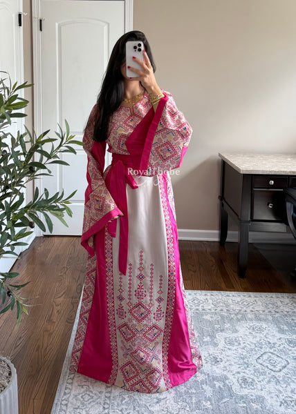 Beige/Pink Diamond Long Full Embroidered Thobe