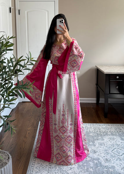 Beige/Pink Diamond Long Full Embroidered Thobe