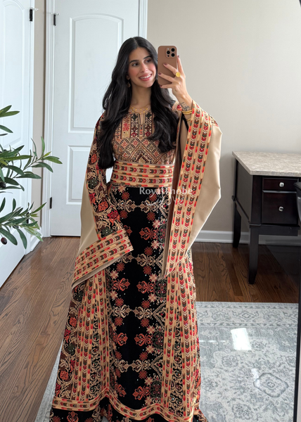 Black/ Brown Zohor And Manajel Full Embroidered Thobe