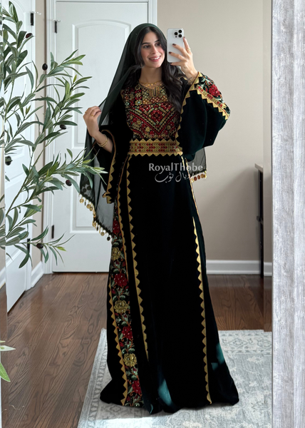 Velvet Olive Green Simple Floral Long Embroidered Thobe/Dress