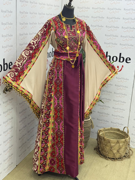 Burgundy & Beige Satin Full Embroidered Thobe with Gold Beaded Fringe Sleeves