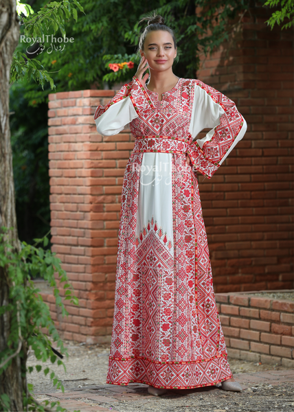 White/Red A Cut Long Full Embroidered Thobe