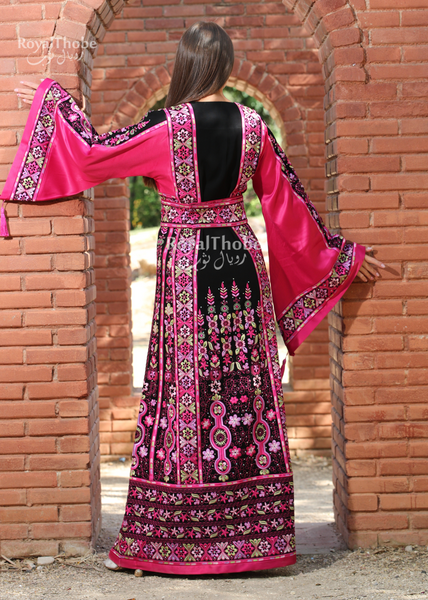 Black/Pink Flower Malak Long Full Embroidered Thobe With Reversible Pink Satin Belt