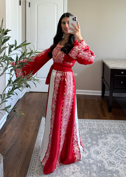 White/ Red Satin Classic Full Embroidered Thobe