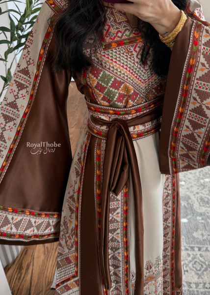 Beige/Brown Triangle Full Embroidered Thobe