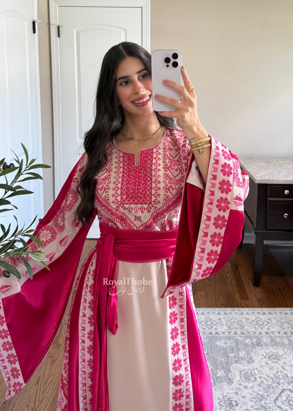 Beige/Pink Floral Long Full Embroidered Thobe