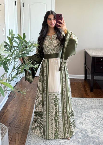 Beige/ Olive Green Malekah Full Embroidered Thobe