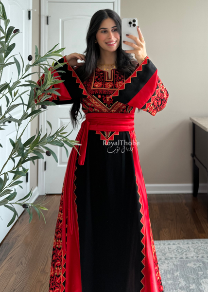 Black/Red Classic Simple Satin Long Full Embroidered Thobe
