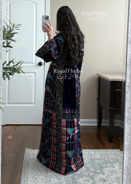 Velvet Royal Blue Straight Cut Long Full Embroidered Thobe