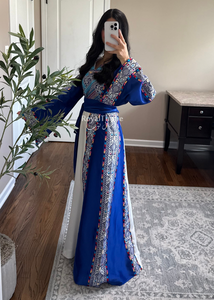 White/ Blue Satin Classic Full Embroidered Thobe