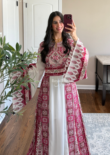 White/ Pinkish Maroon Simple Full Embroidered Thobe