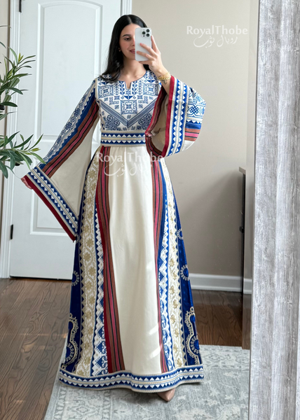 Cream/Royal Blue Maleka Majdlawe Long Full Embroidered Thobe