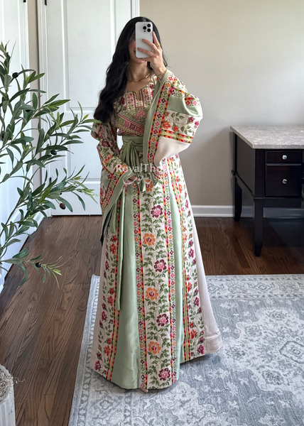Beige/Sage Floral Long Full Embroidered Thobe