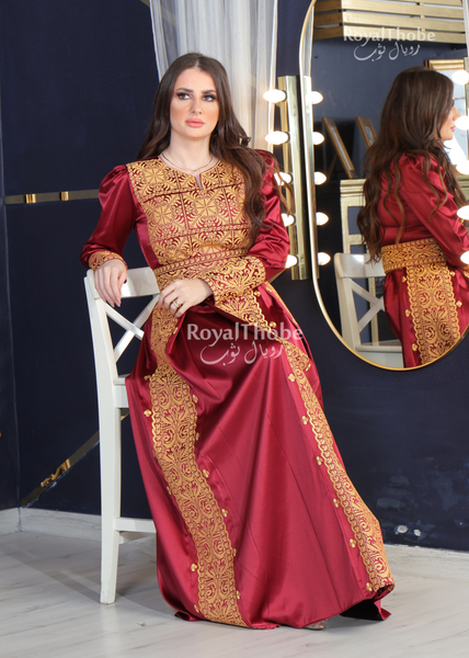 Burgundy Satin Modern Puff Shoulder Style Long Embroidered Dress