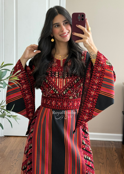 Black/Red Majdlawe Long Full Embroidered Thobe