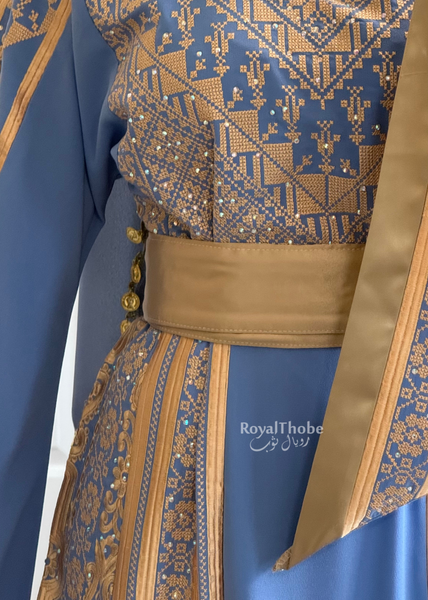 Blue /Gold Flower Malekah Full Embroidered Thobe