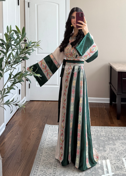 Beige/Olive Green Simple Full Embroidered Thobe