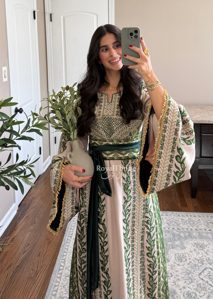 Beige/ Olive Green Zaytona Branches Full Embroidered Thobe With Fringe Sleeves