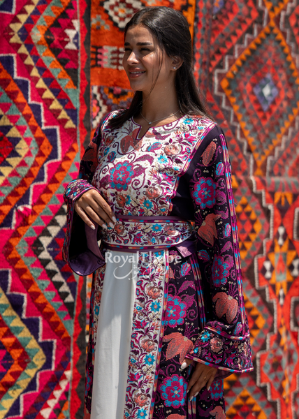 White/Purple Wardeh Long Full Embroidered Thobe