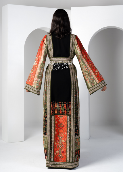 Black Orange & Olive Green Maleka Long Full Embroidered Thobe