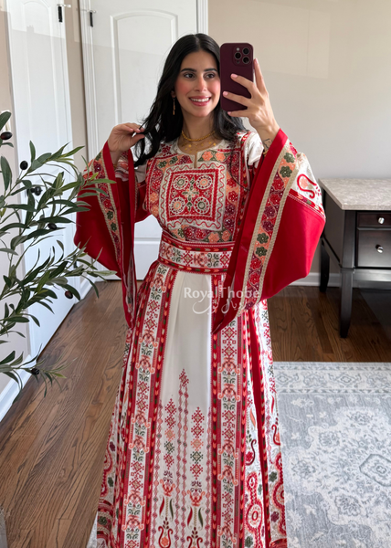 White/ Red Satin Maleka Kasab Full Embroidered Thobe