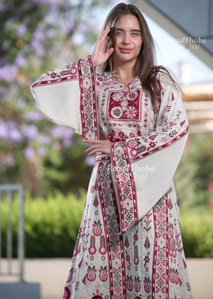 Beige/Burgundy Flower Maleka Long Full Embroidered Thobe