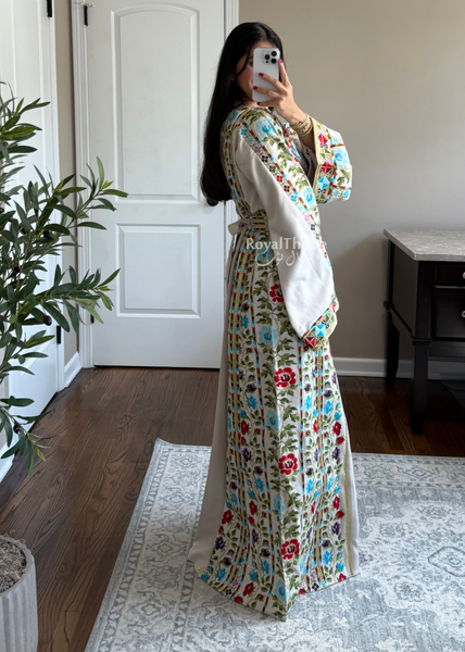 Beige/Cream Colorful Wardeh Kasab Long Full Embroidered Thobe