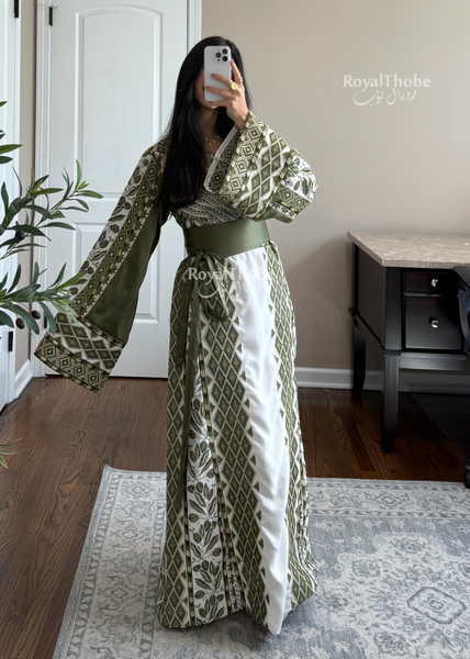 White/ Olive Green Zaytona Full Embroidered Thobe