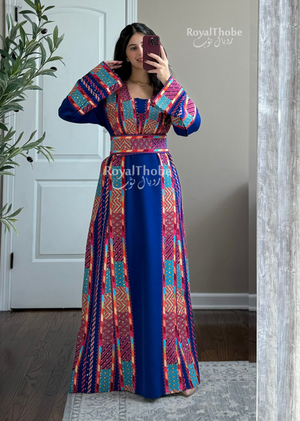 Royal Blue Modern Square Neck Long Full Embroidered Thobe