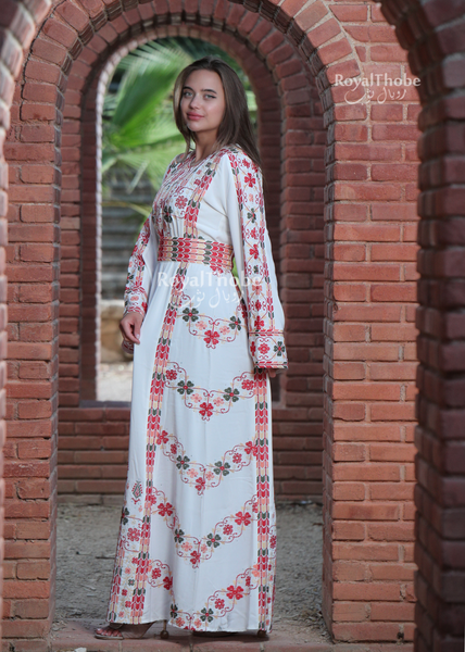 White/Red Simple Flower Long Full Embroidered Thobe