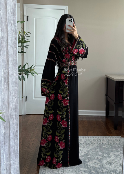 Floral Black/Red Long Full Embroidered Thobe