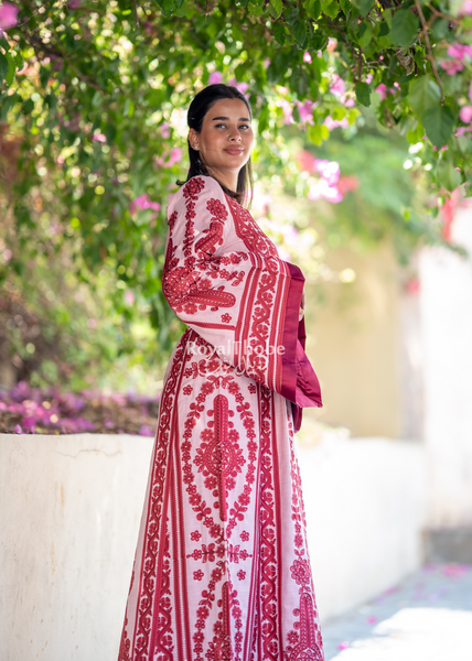 Pink Floral Maleka Long Full Embroidered Thobe.