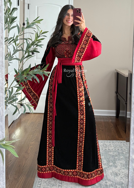 Velvet Black/Burgundy Simple Long Fully embroidered Thobe
