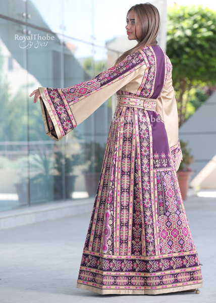 Purple/Beige Long Full Embroidered Thobe With Reversible Beige Satin Belt