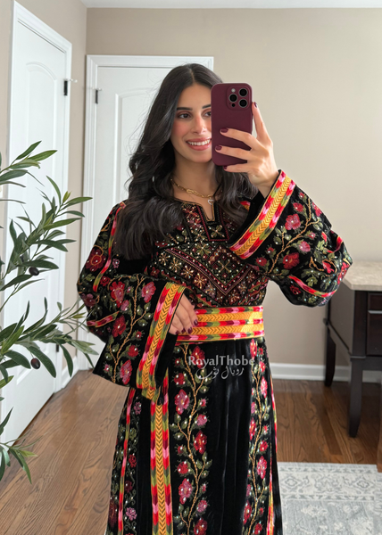 Velvet Black Floral Manajel Long Fully Embroidered Thobe